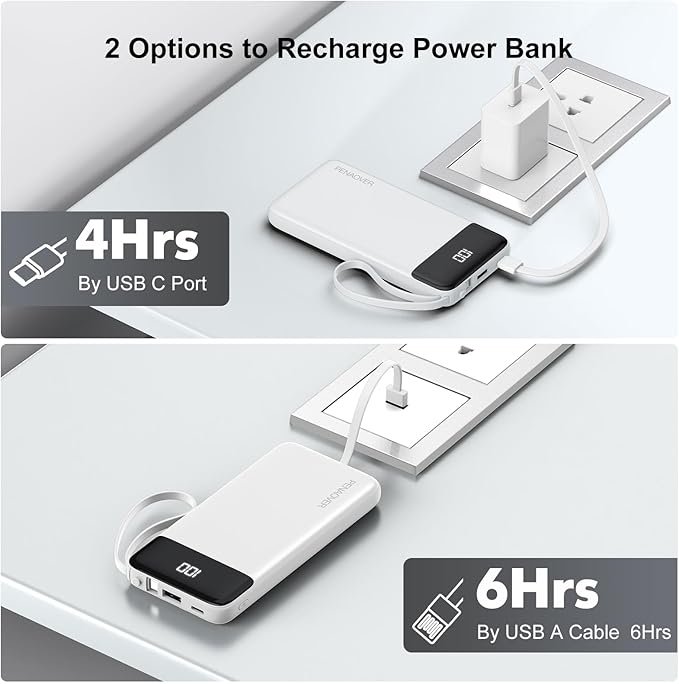 Portable Charger Built-in Cables,10000mAh Power Bank for iPhone,Fast Charge USB C Battery Pack Travel Essentials Slim Lightweight Powerbank Compatible with iPhone 17/16/15/14, Samsung, Android, etc