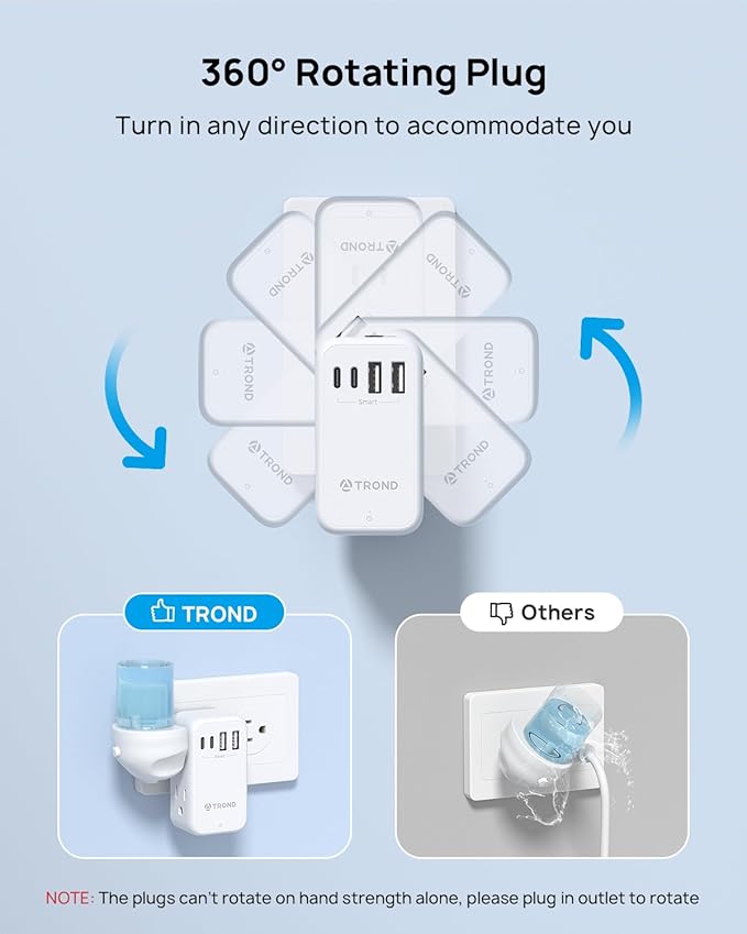 TROND Outlet Splitter with 360 Rotating Plug, 3 AC Plug Extender with 2 USB-C & 2 USB-A Ports, Additional Outlets Off to Side, Useful Adapter with Rotating Design for Home Travel Cruise Essentials