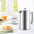 French Press Coffee Maker 34oz (1 Liter) - 304 Stainless Steel Insulated Coffee Press Maker, Double Wall Thermal, 4-Level Filtration, Includes 2 Extra Filters, Rust Resistant, Dishwasher Safe, Silver