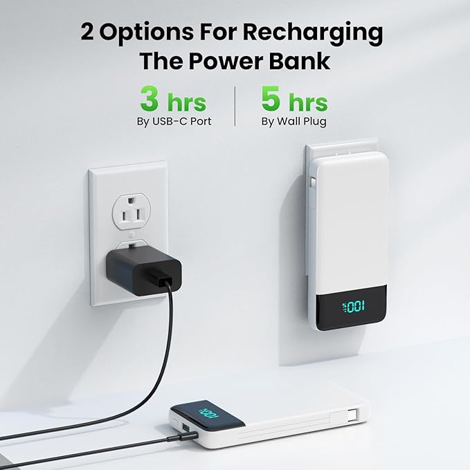 Portable Charger with Built-in AC Plug and Cables,13800mAh All in One USB C Fast Charging Power Bank,Travel Essentials Portable Phone Charger Battery Pack for iPhone 17/16/15/14,Galaxy,Android-White