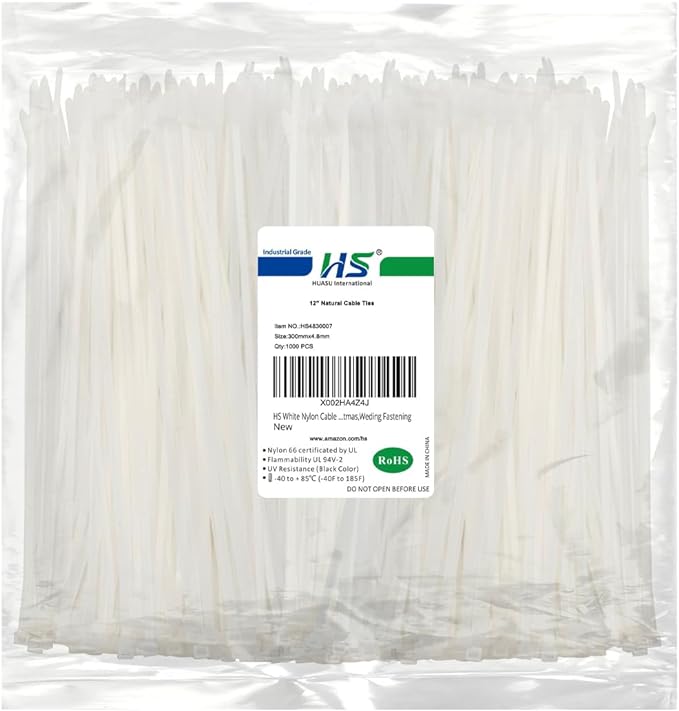 HS White Nylon Cable Ties 12 Inch Zip Ties (1000 Pack) 50 LBS Heavy Duty Clear Zip Ties 12in Plastic Ties Straps for Electrical,Christmas,Weding Fastening