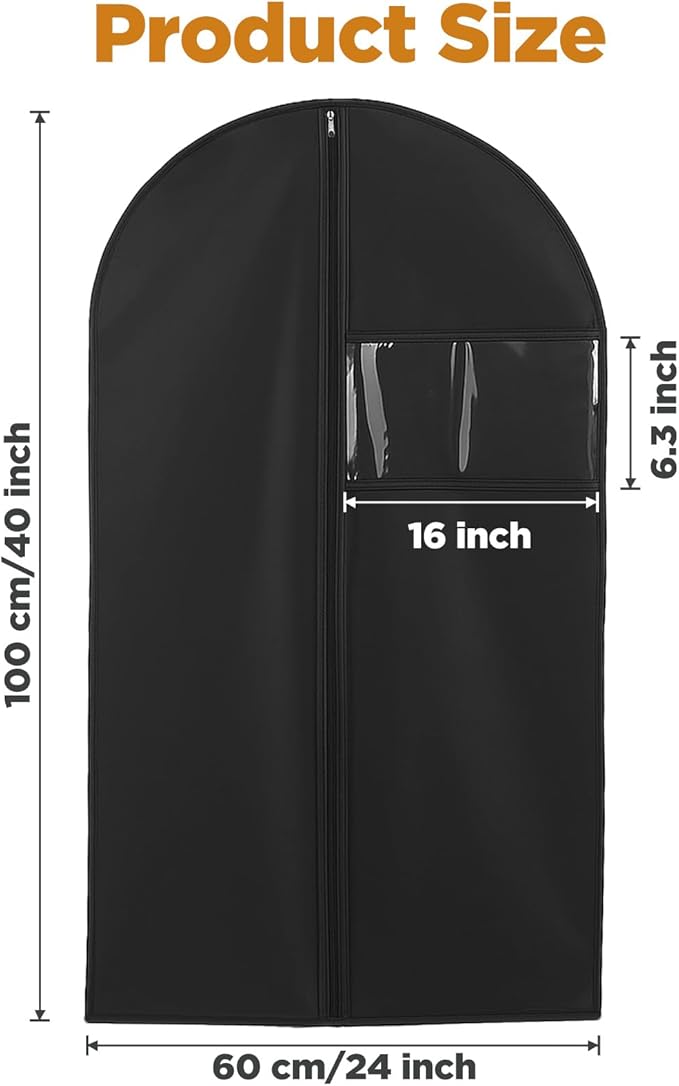 8 Pack Garment Bags for Hanging Clothes, 40 inch Washable Suit Bags for Closet Storage and Travel with Clear Window, Garment Bag for Travel and Storage, Black