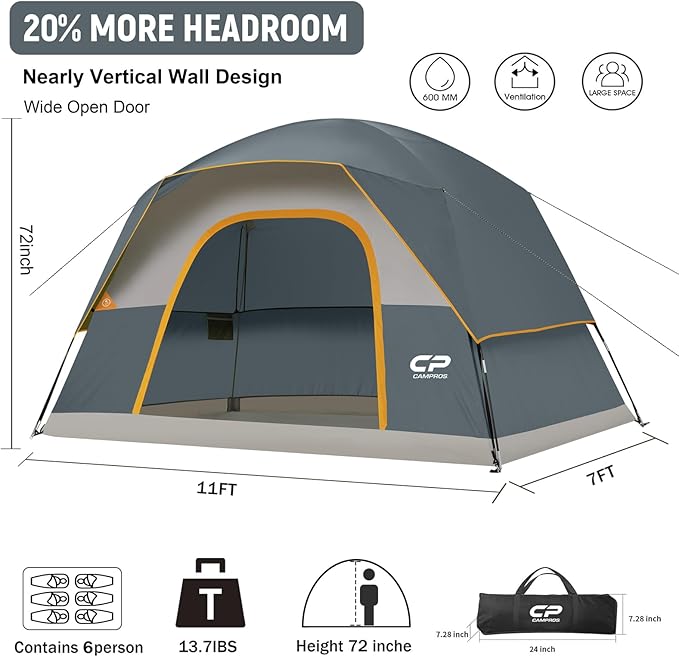 CAMPROS CP Camping Tent 2/4/6 Person, Waterproof Windproof Double Layer Dome Tent, Easy Setup with Large Mesh Windows & Wide Door for Outdoor Camping Backyard