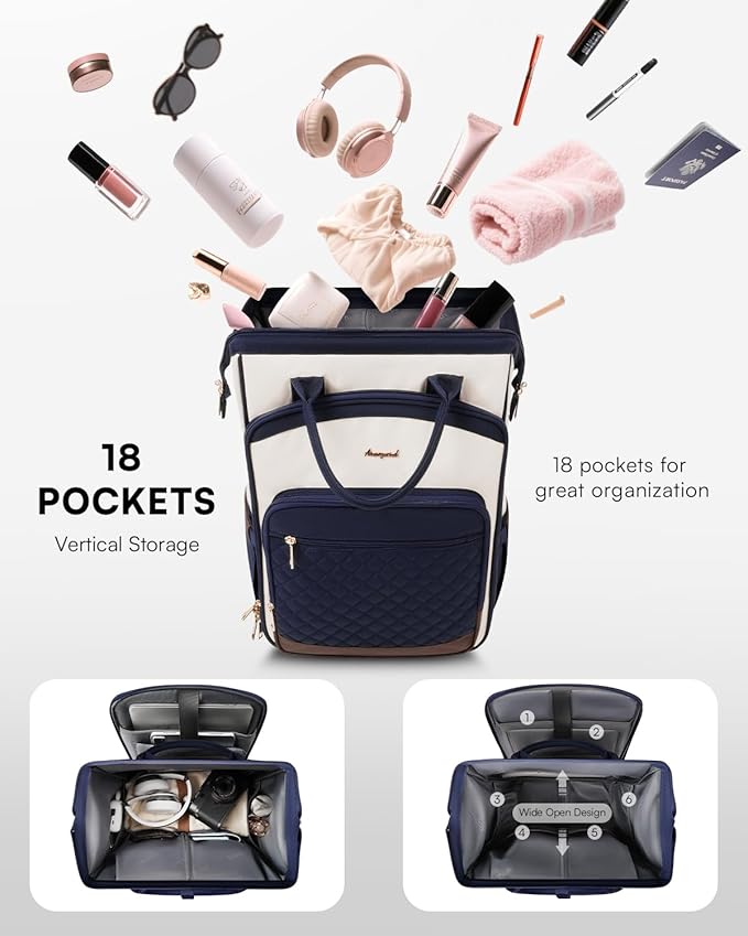 Rolling Backpack for Women, Travel Backpack with Wheels, Vertical Storage Wheeled Laptop Backpack, Backpack on Wheels for College Business Work Overnight, Stylish Rolling Laptop Bag, Navy Blue