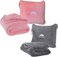 BlueHills Premium Soft Travel Blanket Pillow Value Pack Set of 2 - Airplane Flight Blanket Throw in Soft Bag with Luggage Belt Compact Pack Large Blanket for Travel Gray and Light Pink Colors