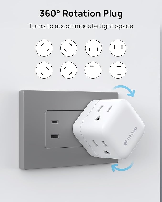 TROND 2 Prong to 3 Prong Outlet Adapter with 360 Rotating Plug, 3 Way Plug Splitter, Travel Power Splitter for US to Japan, Turn the Horizontal to Vertical Non-grounded Outlet in Old House
