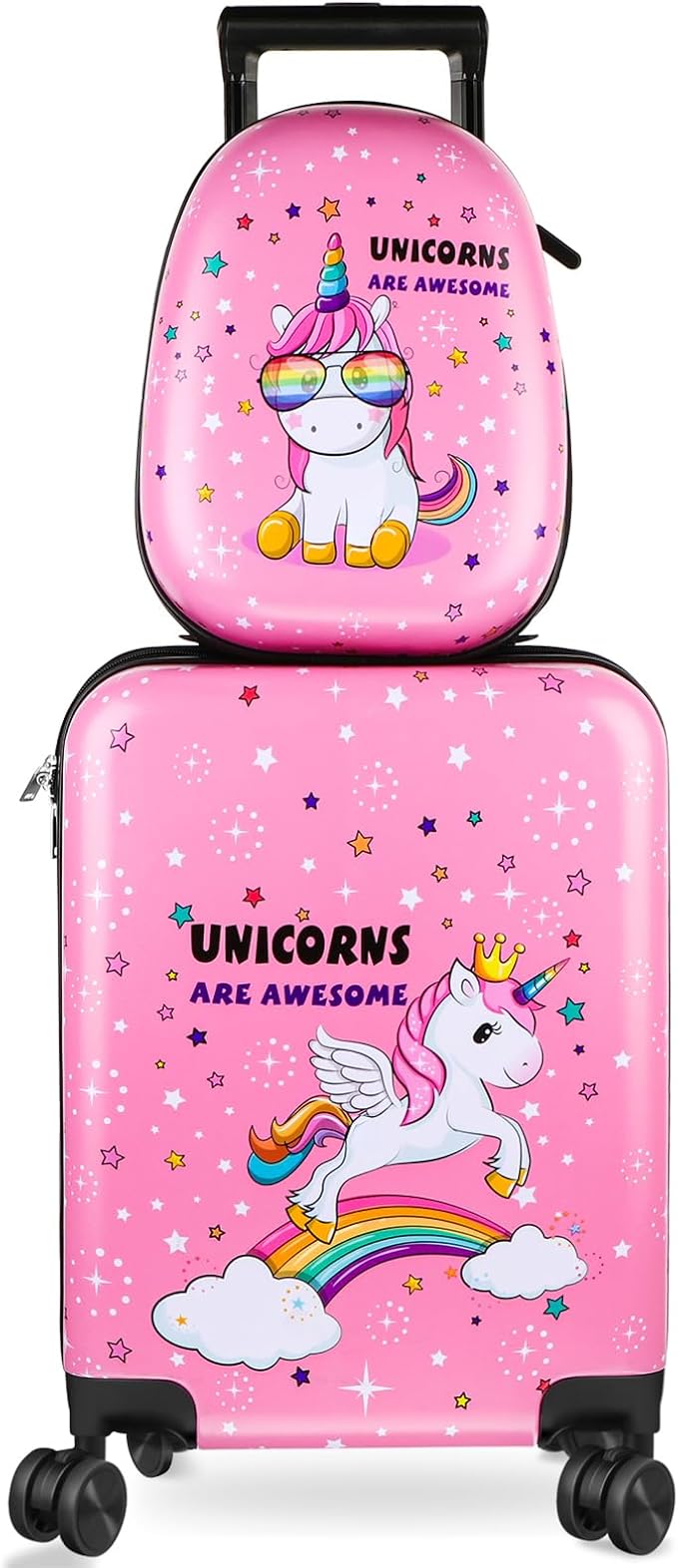 Weewooday Kids Luggage and Backpack 18 Suitcase with Spinner Wheel Hard Case Travel 13 Backpack Girl Suitcase Set for Kids Travel Supplies(Pink,Unicorn Style)