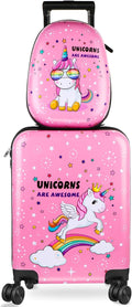 Weewooday Kids Luggage and Backpack 18 Suitcase with Spinner Wheel Hard Case Travel 13 Backpack Girl Suitcase Set for Kids Travel Supplies(Pink,Unicorn Style)