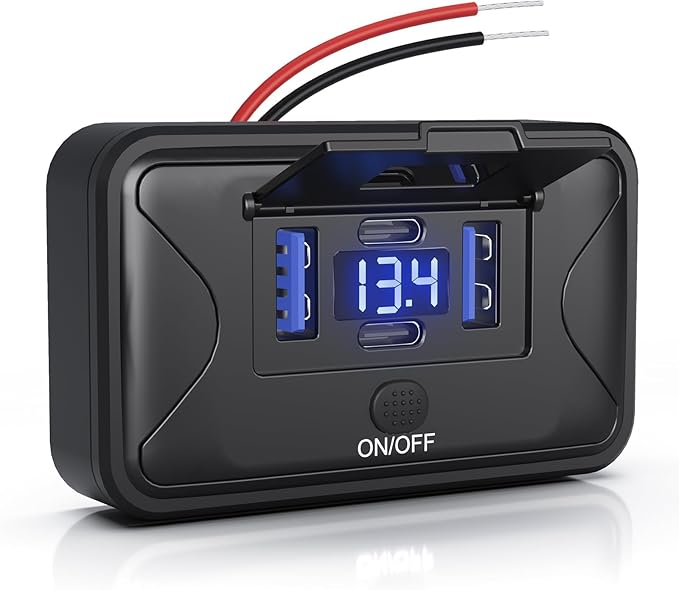 108W 4 Ports 12V RV USB Switch Outlet Voltmeter, 2*36W PD3.0 Type-C + 2*18W QC3.0 Quick Charge Panel Wall Mount Car Charger Socket Waterproof Multi-Port Adapter for Marine Truck Boat ATV Bus