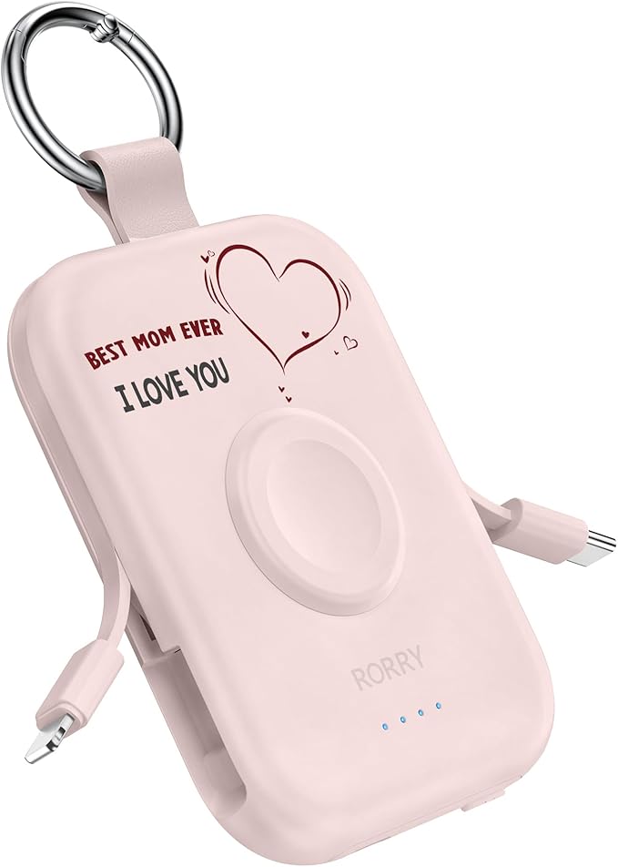RORRY CharmGo Portable Charger, 5000mAh Portable Charger Power Bank with Built-in Cables, Travel Keychain Battery Pack for Apple Watch and iPhone Air/17/16/15/14/13/12, Mom-Pink