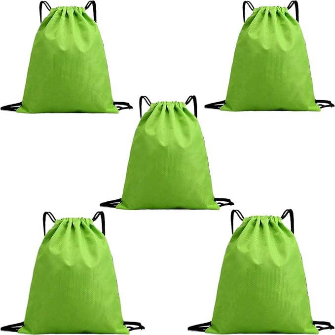 5-Pack Waterproof Drawstring Backpacks, Soccer-Texture Oxford Fabric, 16.9" × 13.8", Lightweight 0.20 lb Each, No Eyelets, Gym & Marathon Gear Sacks(Green)