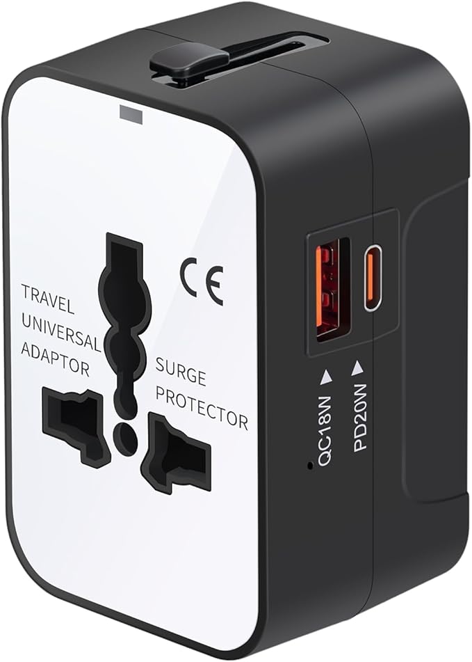 Travel Adapter Fast Charge, GaN Worldwide All in One Universal Travel Adapter with PD3.0 Type C & USB-A Quick Charging Portable Wall Charger AC Power Plug Adapter for USA EU UK AUS, White