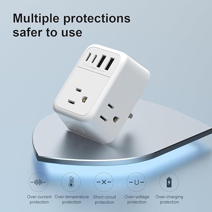 US to UK Plug Adapter, Foldable UK Travel Adapter with 4 AC Outlets 4 USB Ports(2 USB C), Type G Power Adapter for USA to Ireland England British Scotland London Hong Kong Singapore(1 Pack)