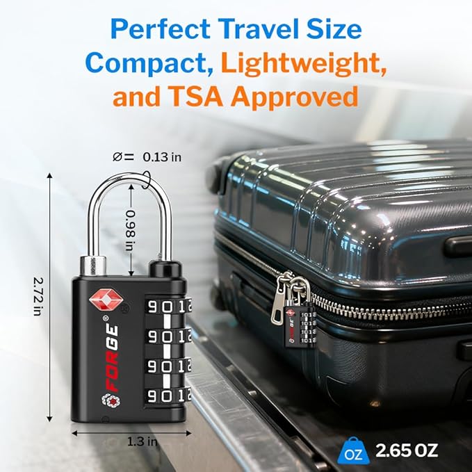 Forge Dual-Opening: Key or Combination Lock, TSA Approved Lock for Luggage, Pelican case, Travel, Gym, School, Luggage Combination Lock, Travel Bag Lock (Black 2 Locks and 2 ID)