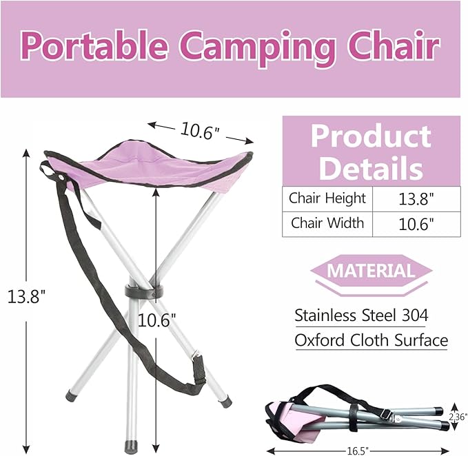 Folding Camping Stool,16.5" Folding Camping Chairs,Portable Tripod Seat,Outdoor Travel Tall Chair for Camping Walking Hunting Hiking Fishing Mountaineering Picnic Beach BBQ Garden Lawn(Pink)