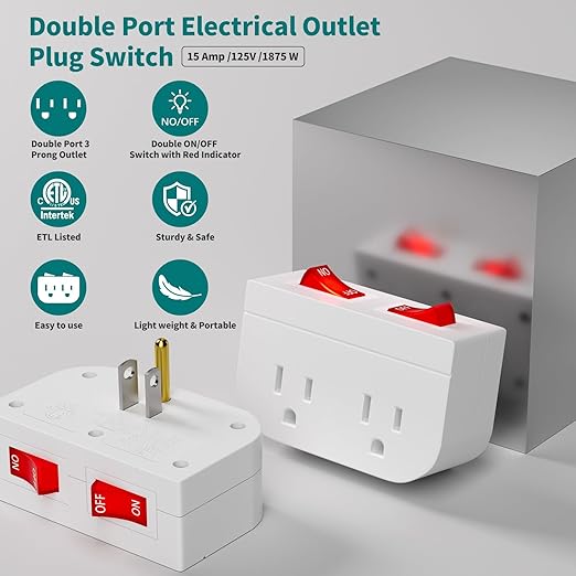 3Pack - POWAWINI Grounded Outlet with Double On Off Switch, Two Port Electrical Outlet Plug Switch, Wall Tap Adapter with Daul Red Indicator, 1875W,15A, ETL Listed (White)