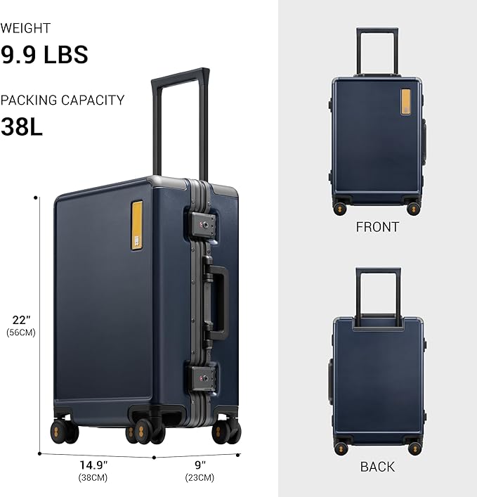 LEVEL8 Carry On Luggage Airline Approved Zipperless with Aluminum Frame, Hard Case Luggage with Spinner Wheels, Metal Travel Suitcase, 20 Inch, Blue