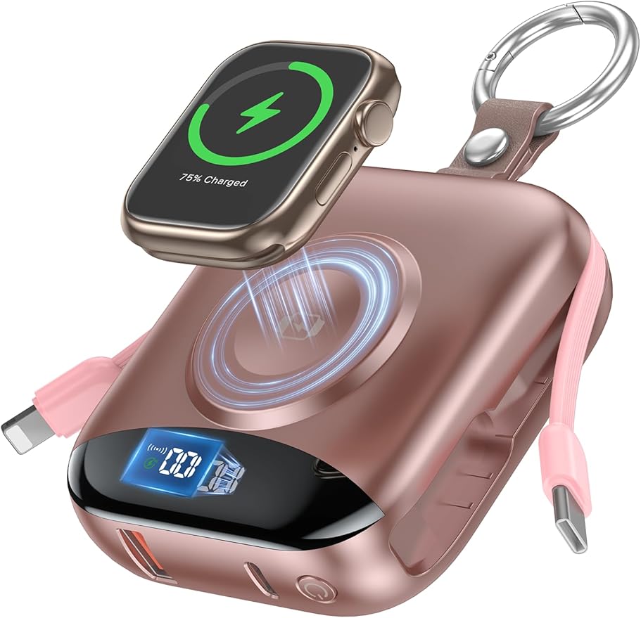 Portable Charger, 10000mAh 22.5W Fast Charging Power Bank with Built-in Cables, Travel Essentials Battery Pack with LED Display for iPhone, Portable iWatch Charger for 11/10/9/8/7/6/5/4/SE/Ultra Rose