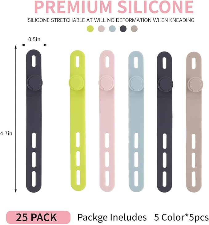 Oligei 25 Pcs Silicone Cable Ties, Cable Ties Reusable, High Elasticity Cord Wraps for Electrical Cords, Cord Organizer for Earphone, Phone Charger(Colorful)