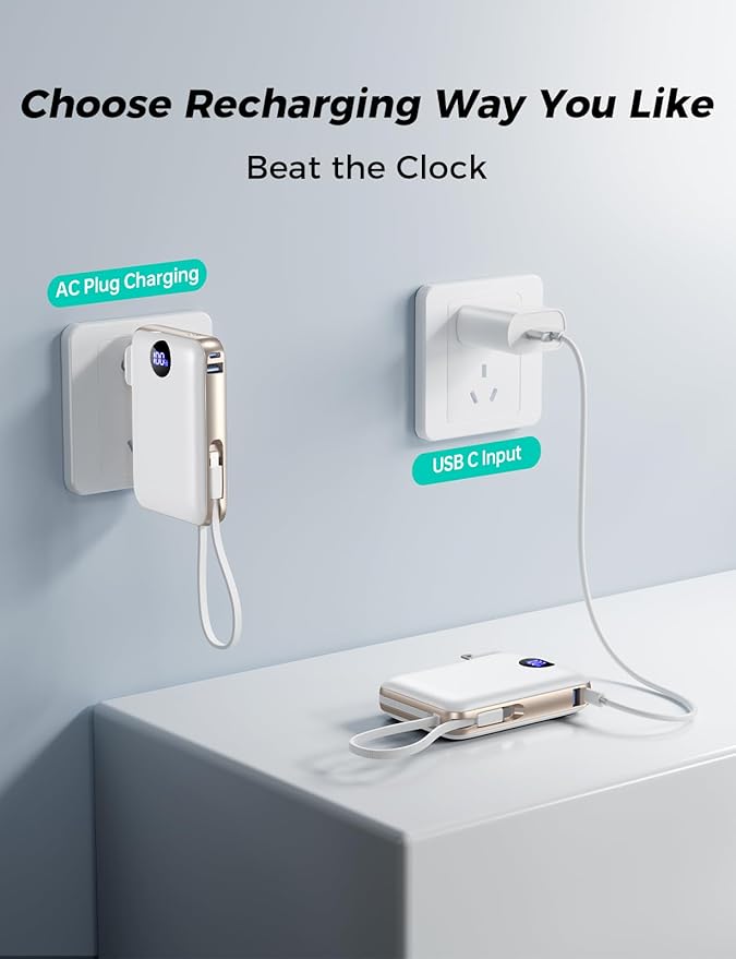 Portable Charger with Built-in Cables & Wall Plug, 10000mAh Power Bank, 4 Outputs 22.5W USB C Fast Charging, Slim Travel Battery Pack with LED Display for iPhone 17/16/15/14, White