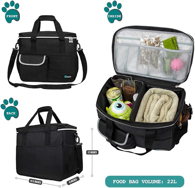 PetAmi Dog Travel Bag, Travel Pet Bag Organizer, Dog Food Travel Bag with Container Collapsible Bowls, Pet Travel Supplies Gift Accessories for Weekend Camping, Puppy Cat Diaper Bag, Black Medium