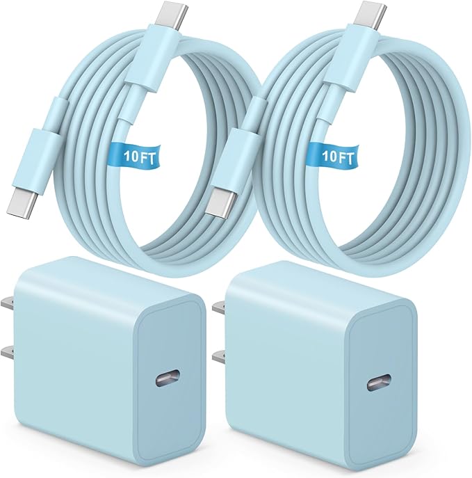 MYBEER iPhone 17 16 15 Charger Fast Charging, [ETL Certified] 2 Pack 10FT USB C Charger Cable with 20W Type C Fast Charging Block for iPhone 17/17 Pro/17 Pro Max/16/16 Pro/16 Pro max/16 Plus/15（Blue）