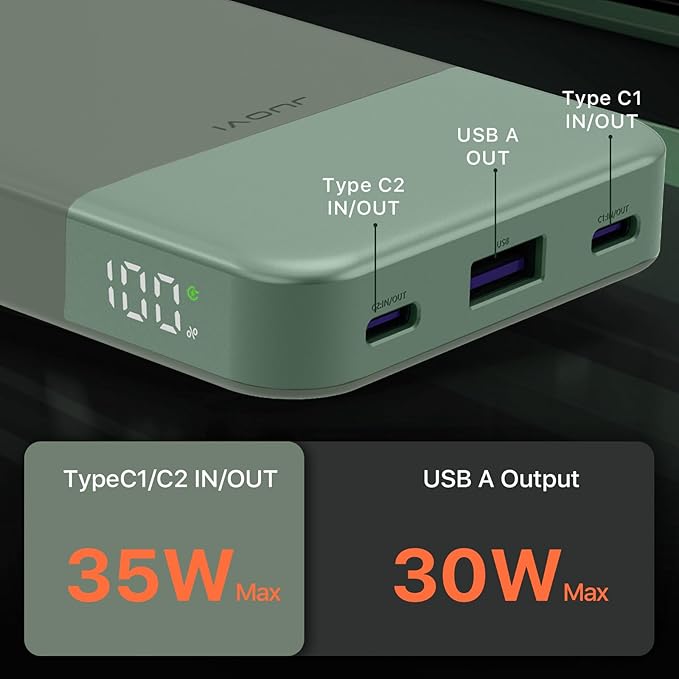 JUOVI Power Bank Fast Charging 10000mAh 35W Portable Charger Small Battery Pack with PD 3.0 & QC 4.0 Type-C USB-A Input Output Lightweight Phone Charger Compatible for iPhone Samsung iPad