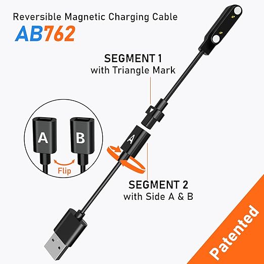 Audiovance 2-Pack AB762 Reversible Smartwatch Charger – Innovative Magnetic Charging Cable, Solves Polarity Mismatch, Universal for All 7.62mm-Pin-Pitch Smart Watches