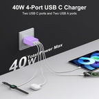 USB C Charger Block, 3-Pack 40W Wall Plug Fast Charging Block, 4-Port PD + QC Power Adapter Type C Charging Blocks Cube, Compatible with iPhone 17/16/15/14/13/12/11/Pro Max, Tablets （Purple）