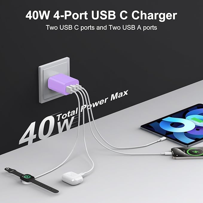 USB C Charger Block, 3-Pack 40W Wall Plug Fast Charging Block, 4-Port PD + QC Power Adapter Type C Charging Blocks Cube, Compatible with iPhone 17/16/15/14/13/12/11/Pro Max, Tablets （Purple）