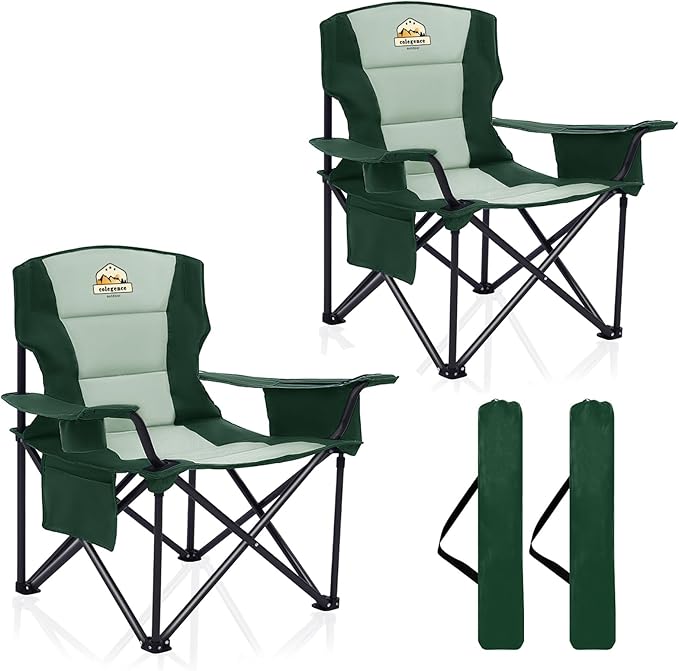 Colegence Heavy Duty Camping Chair for Adults Set of 2, Oversized Heavy People Foldable Padding Outside Camp Chairs, with Cooler Bag Cup Holder, Side Pocket for Lawn,Sport,Outdoor,Dark Green