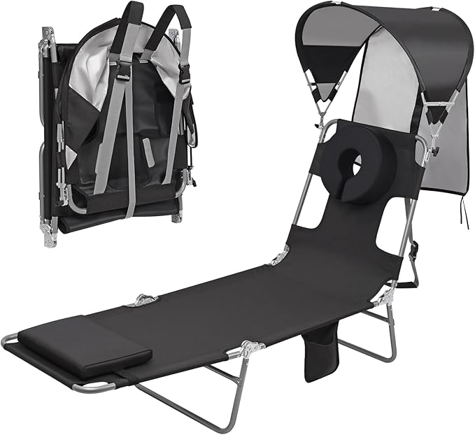 Backpack Beach Tanning Lounge Chair with Canopy Shade Face Hole Padded Adjustable Washable, 6 Position Layout Chair for Outside Sunbathing Poolside Lawn, UPF 50+ Wind-Resistant Sun Shade, Patented