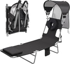 Backpack Beach Tanning Lounge Chair with Canopy Shade Face Hole Padded Adjustable Washable, 6 Position Layout Chair for Outside Sunbathing Poolside Lawn, UPF 50+ Wind-Resistant Sun Shade, Patented