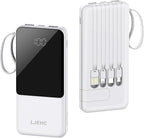 Portable Charger with Built in Cables,10000mAh Slim USB C Power Bank,5 Output 3 Input LED Display High Speed External Battery Pack Travel Phone Charger for iPhone Samsung Pixel LG Moto iPad,White