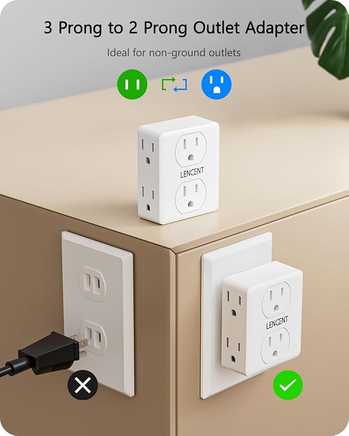 LENCENT 2 to 3 Prong Outlet Adapter, 2 Pack 2 Prong Power Strip, 6 Widely Spaced Sockets Extender, 3-Sided Wall Plug Splitter, 1875W Max, Compact Wall tap for Non-Grounded Outlets in Old House Hotel