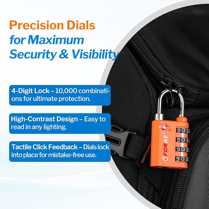 Forge Dual-Opening: Key or Combination Lock, TSA Approved Lock for Luggage, Pelican case, Travel, Gym, School, Luggage Combination Lock, Travel Bag Lock (Orange 2 Locks and 2 ID)