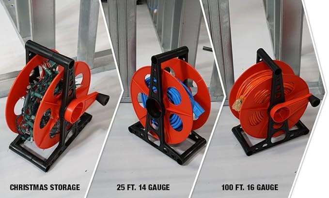 Woods Extension Cord Storage Reel - Holds Up to 150 Feet of 16/3 or 125 Feet of 14/3 Gauge Cord - Tangle-Free Design for Indoor or Outdoor Use - Side-Mounted Crank - Red & Black