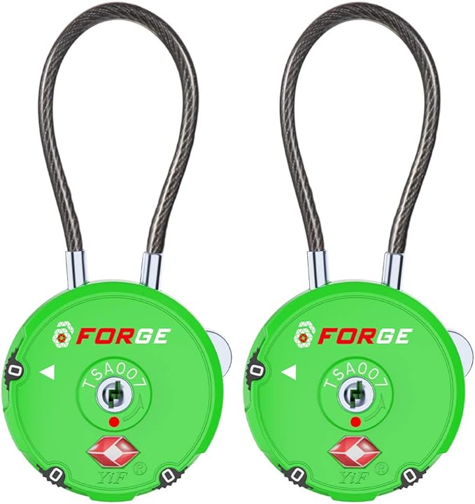 Forge Quality TSA Approved Luggage Locks for Travel Accessories, Suitcase, Pelican case, Ammo Boxes, Set Your own Combination, Zinc Alloy Body-Cable Green 2 Locks