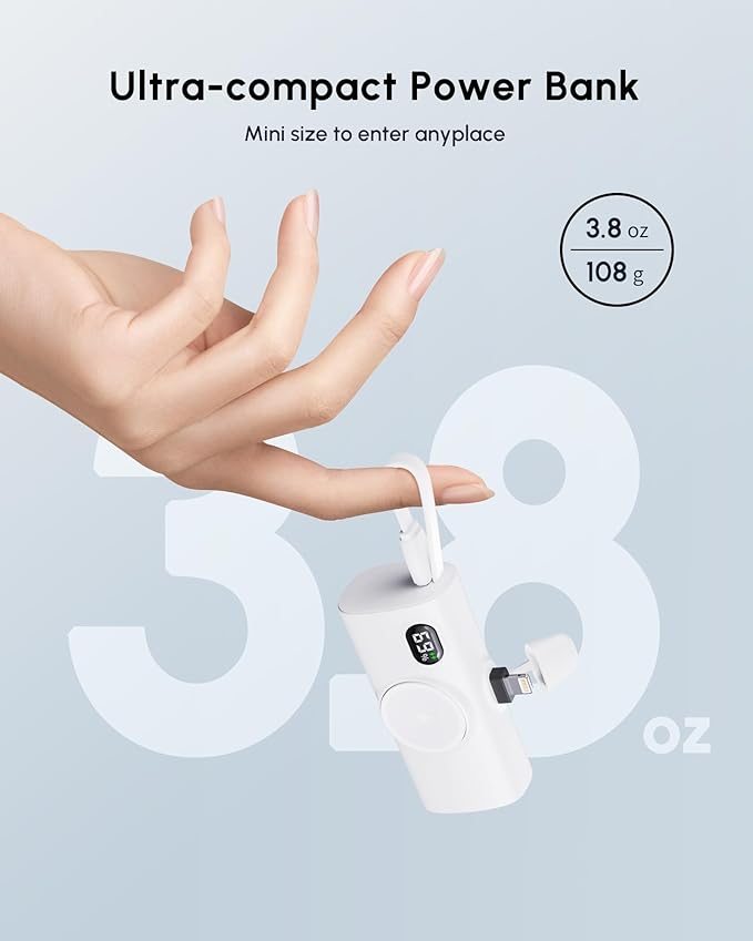 Small White Portable Power Bank for iPhone 13/12/14 Series,5000mah Mini Battery Charger for Lightning Port, Portable Battery Pack Backup Emergency Power Charger