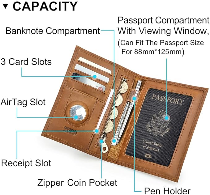 CONTACTS Full Grain Leather Passport Holder RFID Blocking Travel Passport Wallet Compatible with Airtag Passport Cover Case with 4 Cards Slots, Coin Pocket (Brown)