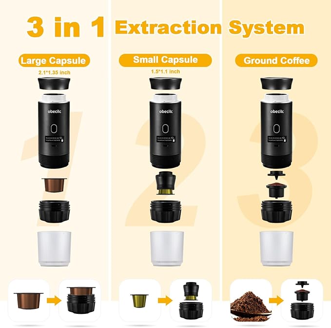3 In 1 Portable Coffee Maker for Travel, 20 Bar Portable Espresso Machine with USB,Travel Coffee Maker Self-Heating, Compatible with Ground Coffee & Capsule for Hiking,Office,RV（Black）