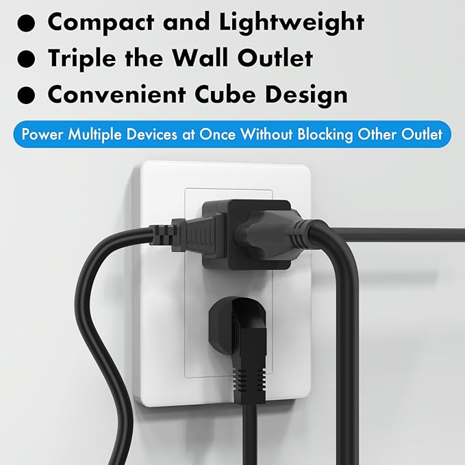 POWERCORDS 3 Power Blocks Outlet Splitter, 3 Pack, Grounded Wall Tap, 3-Prong Plug Adapter AC Multi Plug Wall Outlet, Power Splitter, Cruise Essentials, for Home Office School Dorm, UL Listed,Black