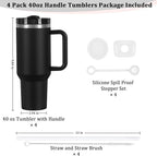 4 Pack 40 Oz Tumbler with Handle Bulk, Double Wall Vacuum Insulated Stainless Steel Tumbler with Lid and Straw, 40 oz cup with Silicone Spill Proof Stopper Set (Black)