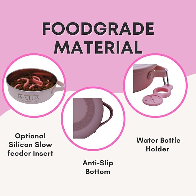 Pink Slow Feeder 3-in-1 Travel Dog Bowl Set – 30 OZ Stainless Steel + 20 OZ Collapsible BPA-Free Silicone Bowl Lid | Silicon Slow Feeder Insert | Non-Slip, Anti-Choking|, Carabiner | We give Back