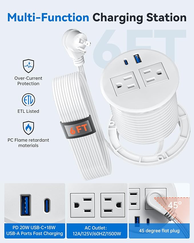 Desktop Power Grommet with 20W USB C Fast Charging, 3 inch Flush-Mount Recessed Power Strip for Desk,Office Tables,Furniture, Recessed Outlet 6FT Cord, 45° Thin Flat Plug, 2 USB Ports, White