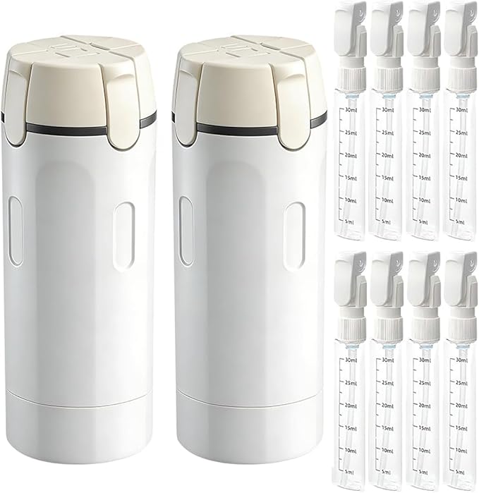 4 in 1 Travel Dispenser, Travel Bottles for Toiletries, Squeeze Leak Proof Dispenser Bottles with Scale and Label for Shampoo Lotion Shower Gel, Suitable for Travel, Camping and Gym(2 PC, White)