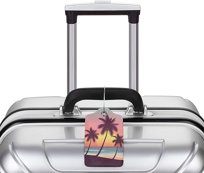 2 Pack Luggage Tags for Suitcases, PU Leather Bag Tag with Privacy Cover Address Card Travel Essentials-Beach Palm Tree