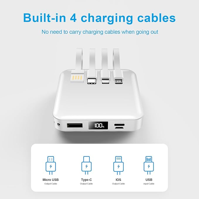 ummz Portable Charger with Built-in Cable,12000mAh 22.5W Fast Charging Small Power Bank,USB C Input/Output with Smart LED Display,External Battery Pack for iPhone,Tablet,Samsung