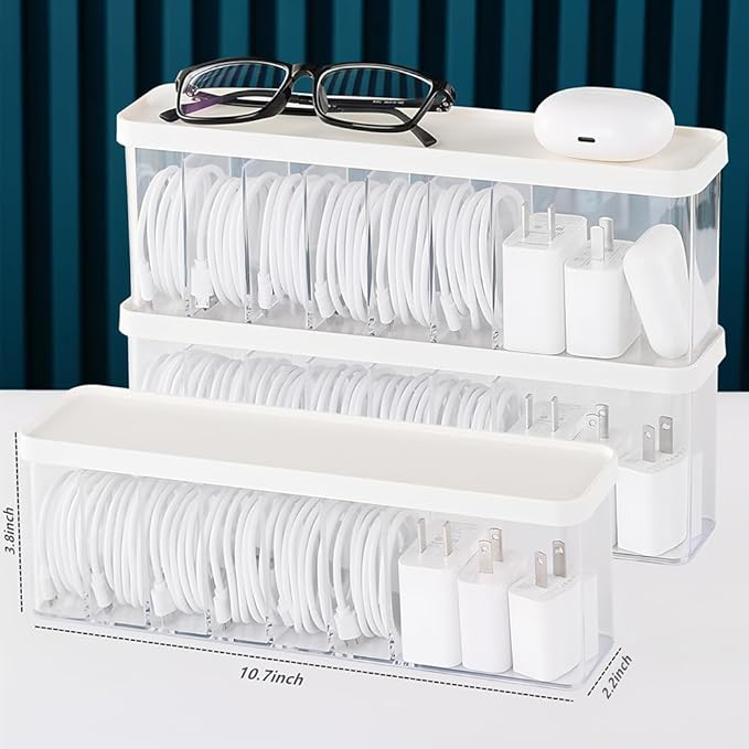 Charger Cable Cord Storage Organizer Box - 3 Pack With Lid - Easy Storage Without Cable Ties