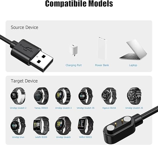 VeryFit Smart Watch Charger Replacement Charging Cable Cord Magnetic for Smartwatch AR-01 IDW19 (2 Pack)